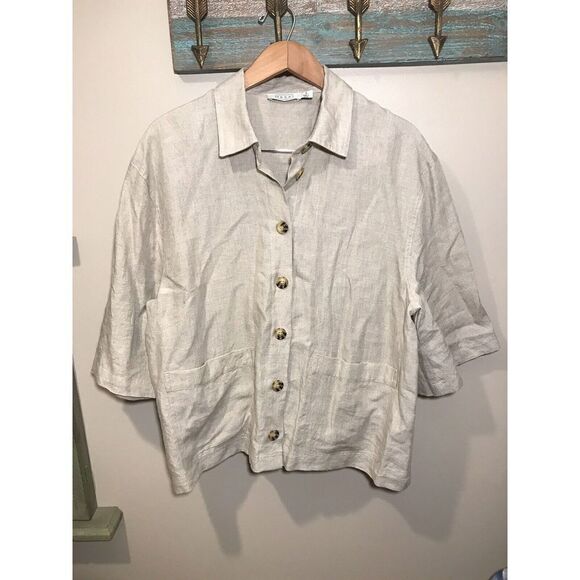 Masai Copenhagen Janica Linen Jacket Sz Large Front Square Pockets Tan Beige - Picture 4 of 8